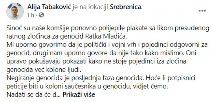 Objava Alije Tabakovića na Facebooku