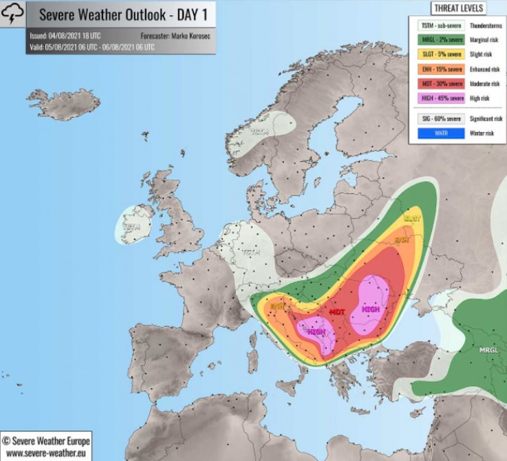 Mapa meteorološkog servisa: Mogućnost tornada je ocijenjena visokom