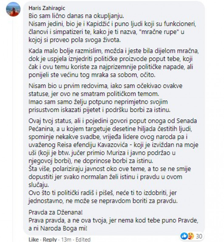 Komentar Zahiragića na objavu Konakovića
