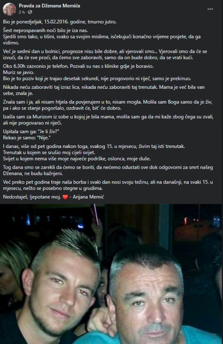 Objava Arijane Memić na Facebooku