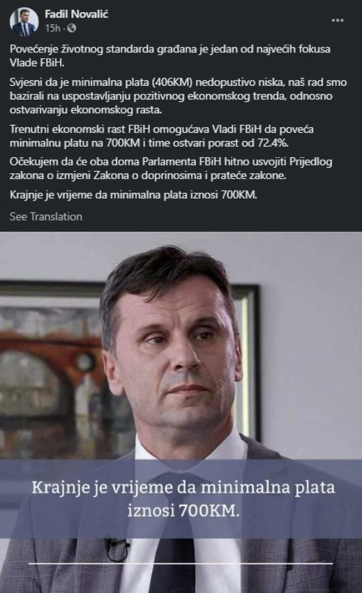 Objava Fadila Novalića na Facebooku