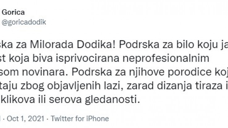 Status Gorice Dodik na Twitteru