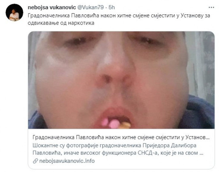 Objava Nebojše Vukanovića na Twitteru