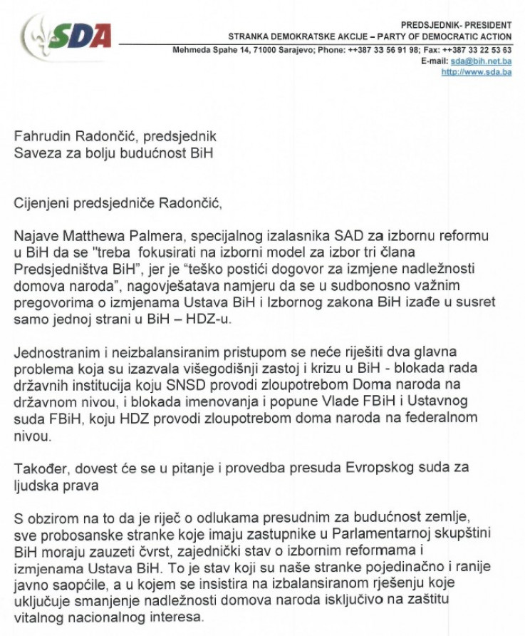 Pismo Bakira Izetbegovića 