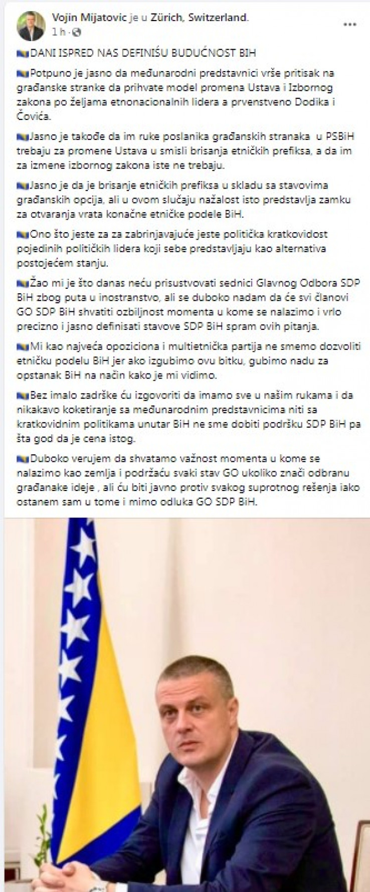 Status Mijatovića na Facebooku