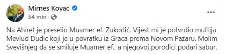 Status na Facebooku objavio novinar Mirnes Kovač