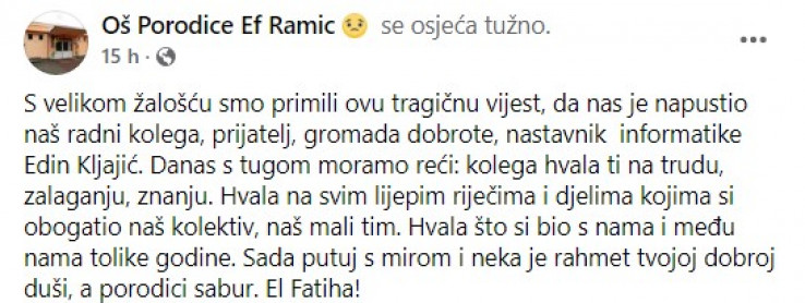 Objava OŠ “Porodice ef. Ramić” na Facebooku
