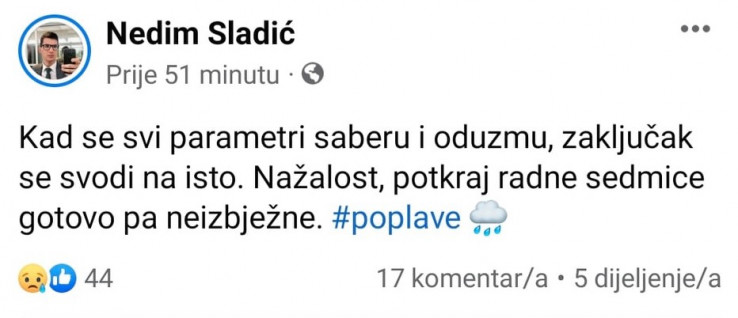 Objava Sladića na Facebooku
