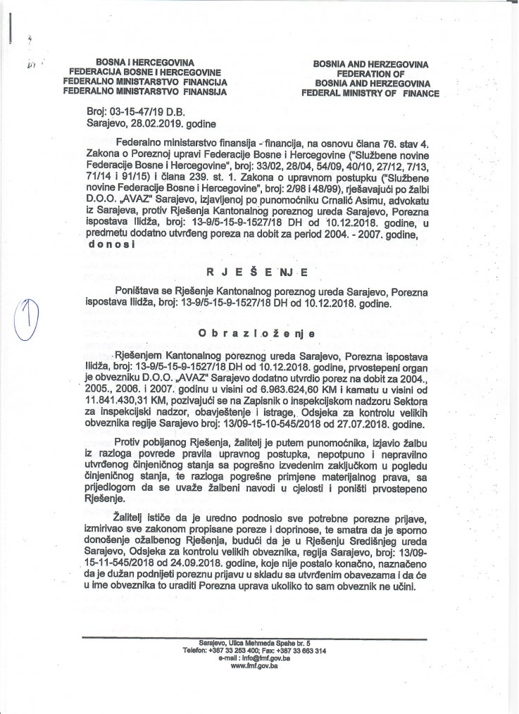 Rješenje Federalnog ministarstva financija-finansija o poništenju Rješenja Kantonalnog poreznog ureda Sarajevo