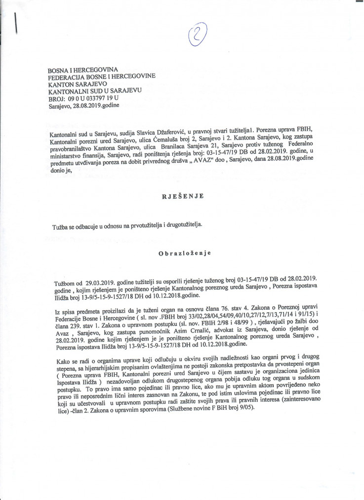 Rješenje Kantonalnog suda u Sarajevu, kojim se odbacuje tužba Kantonalnog poreznog ureda Sarajevo, na koje se nema pravo žalbe