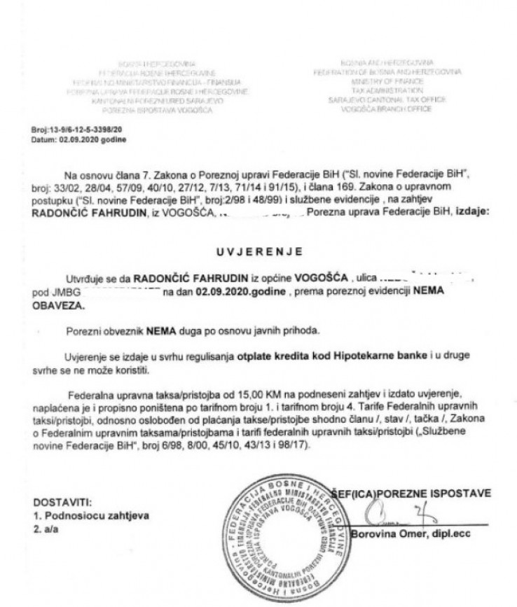 Uvjerenje Porezne uprave Federacije BiH da Fahrudin Radončić ne duguje nikakav porez