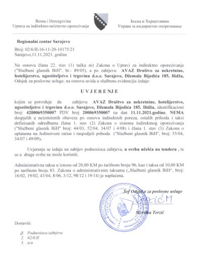  Certificate of the Tax Administration of the Federation of B&H that the company "Avaz" d.o.o. does not owe any tax