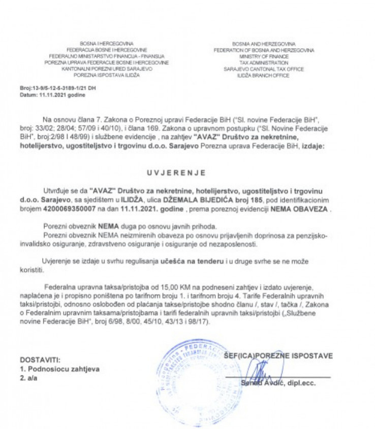 Certificate that "Avaz" has no obligations according to tax records