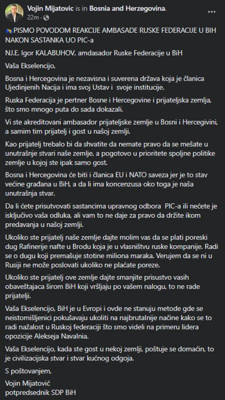 Objava Vojina Mijatovića na Facebooku