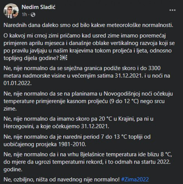 Status Nedima Sladića na Facebooku