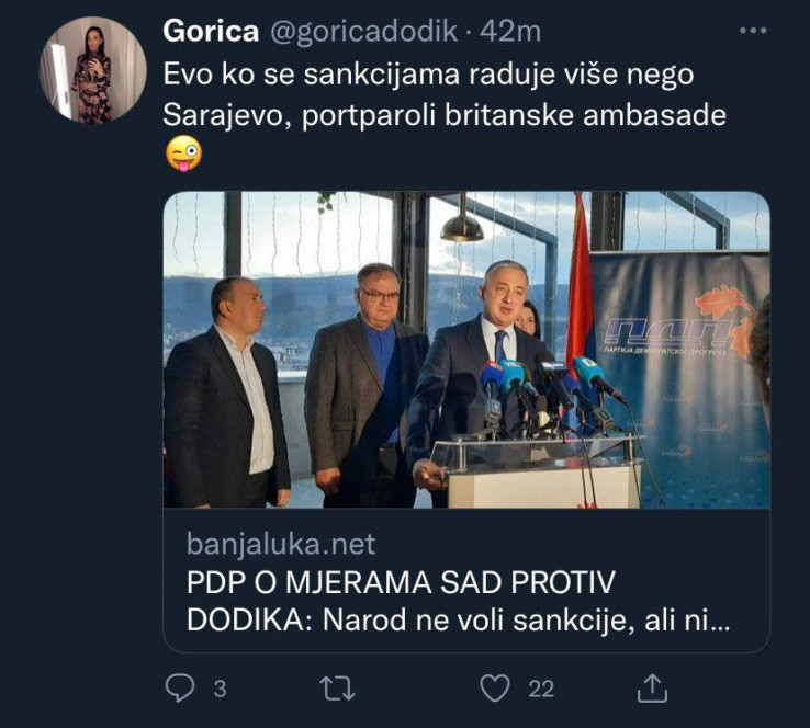 Objava Gorice Dodik na Twitteru