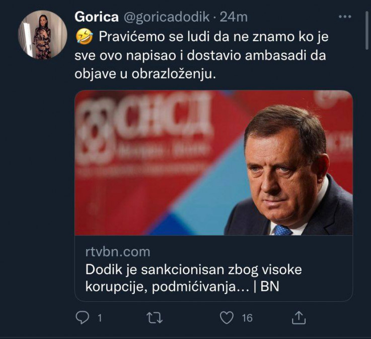 Objava Gorice Dodik na Twitteru