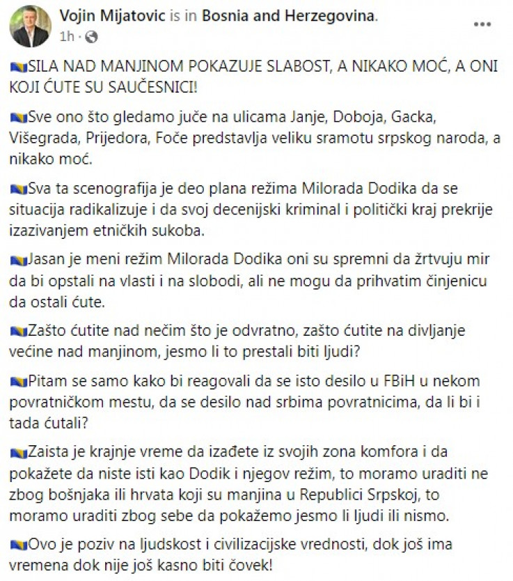 Mijatovićeva objava na Facebooku
