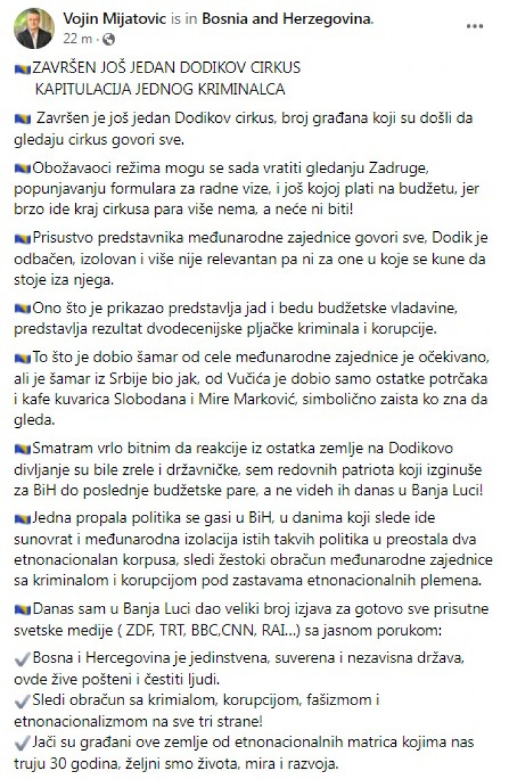 Mijatović se ponovo oglasio na Facebooku
