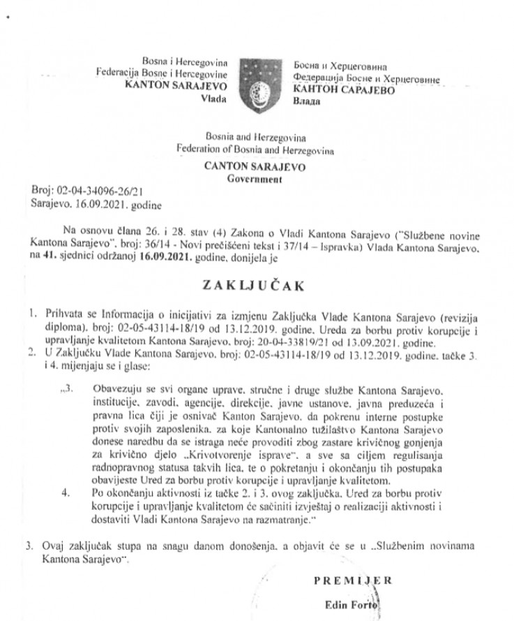 Faksimil zaključka Vlade KS od 16. septembra 2021. godine
