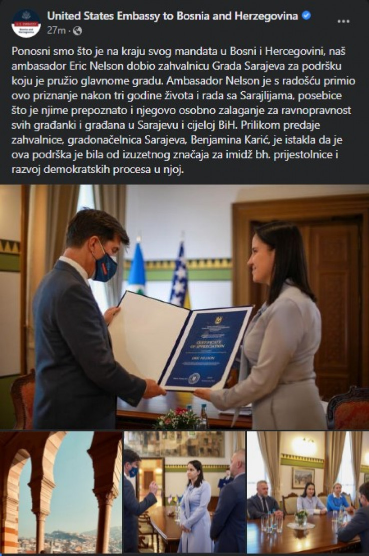 Objava na Facebook stranici Ambasade SAD u BiH
