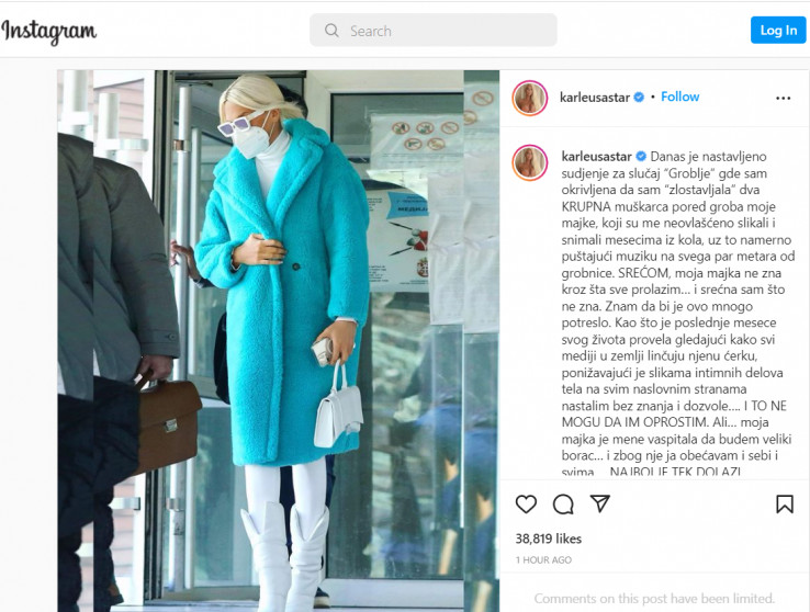 Objava Jelene Karleuše na Instagramu