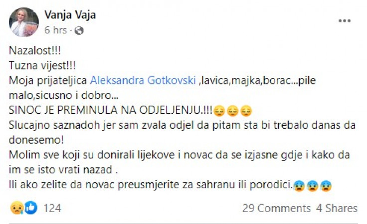 Objava Vanje Subašić na Facebook-u