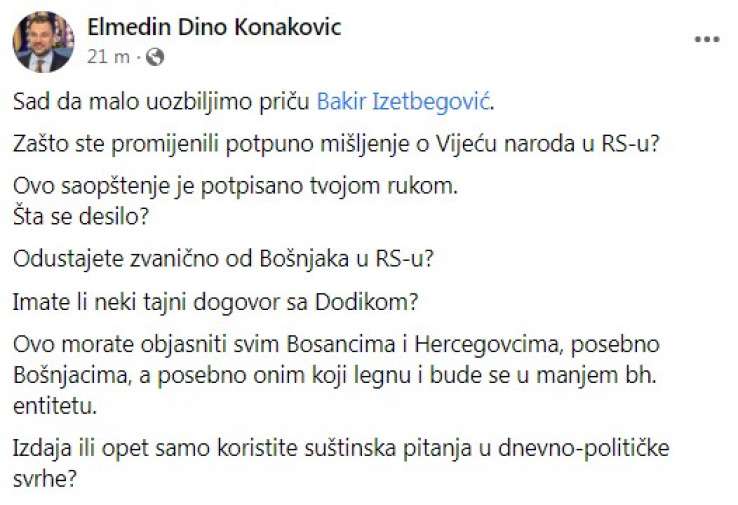 Objava Konakovića na Facebooku