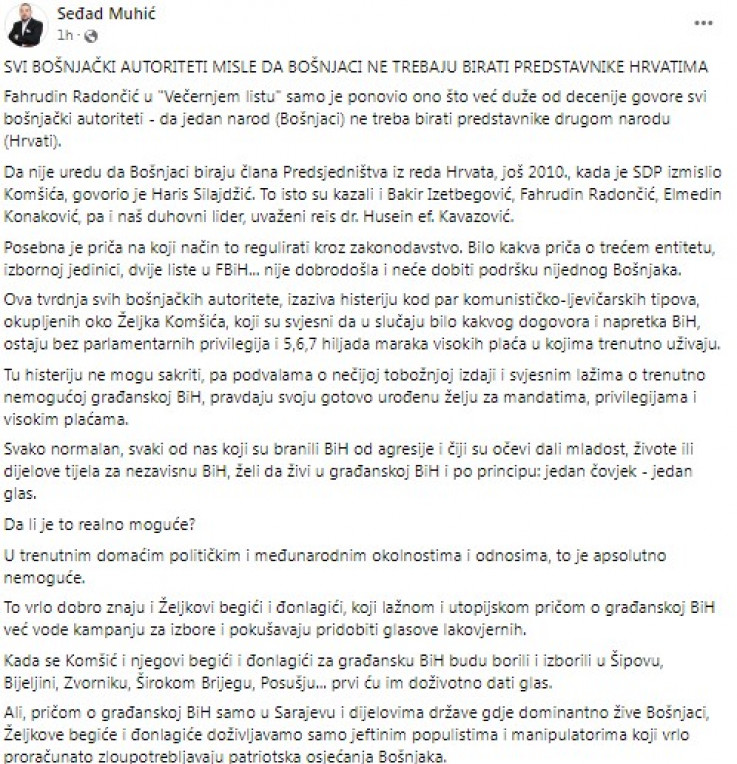 Objava Muhića na Facebooku