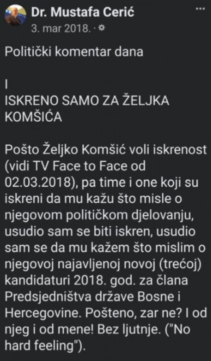 Faksimil poruke bivšeg reisa Ceirća Željku Komšiću (I)