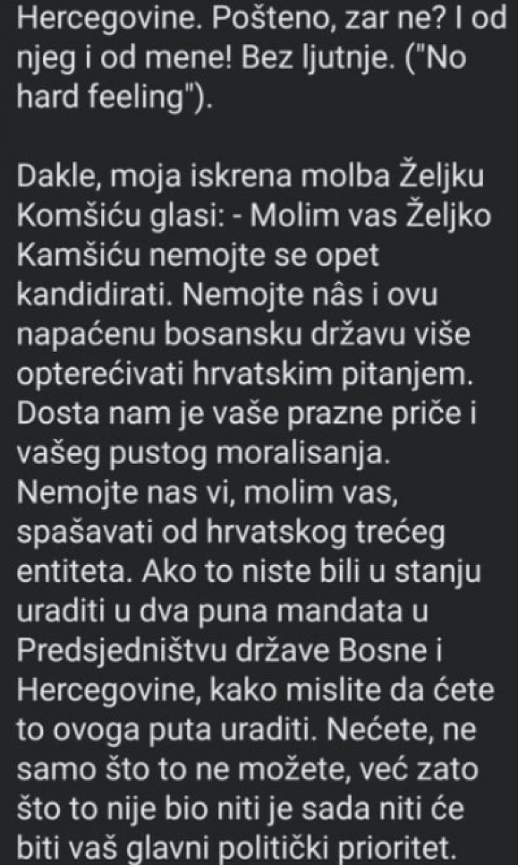 Faksimil poruke bivšeg reisa Ceirća Željku Komšiću (II)