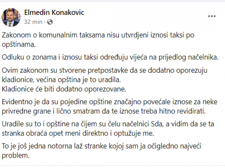 Konakovićeva objava na Facebooku