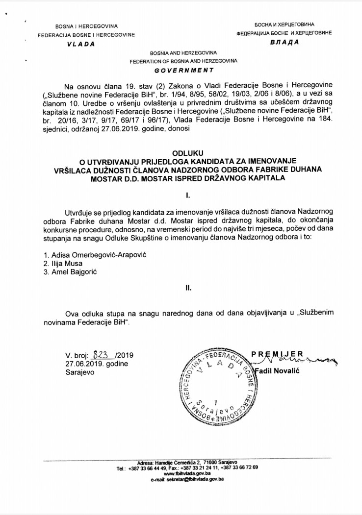 Dokaz da je Adisa Omerbegović-Arapović imenovana u Nadzorni odbor Fabrike duhana d.d. Mostar