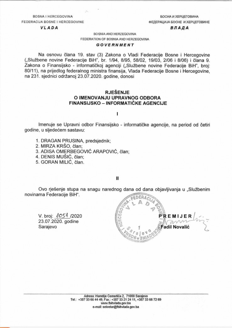 Dokaz da je Arapovićka izabrana u Upravni odbor Finansijsko-informatičke agencije FBiH