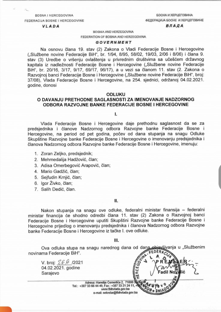 Dokaz da je Omerbegović-Arapović  imenovana u Nadzorni odbor Razvojne banke FBiH