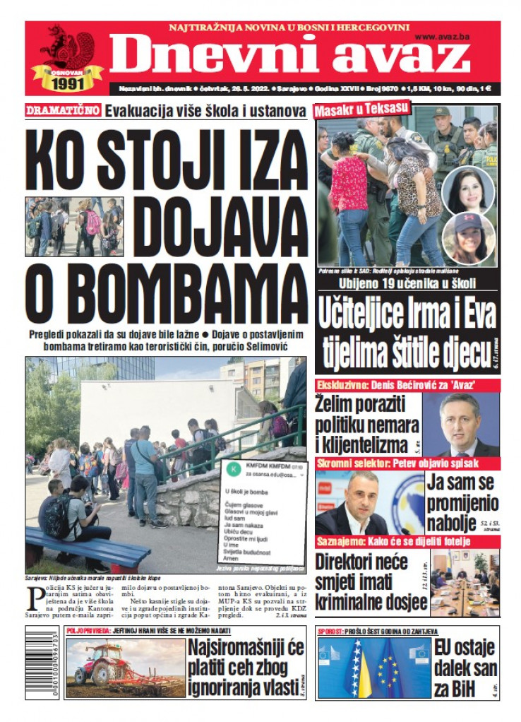 Naslovna strana "Dnevnog avaza"