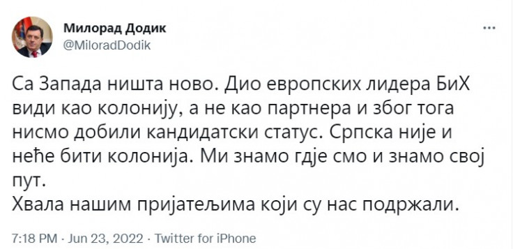 Tvit Milorada Dodika