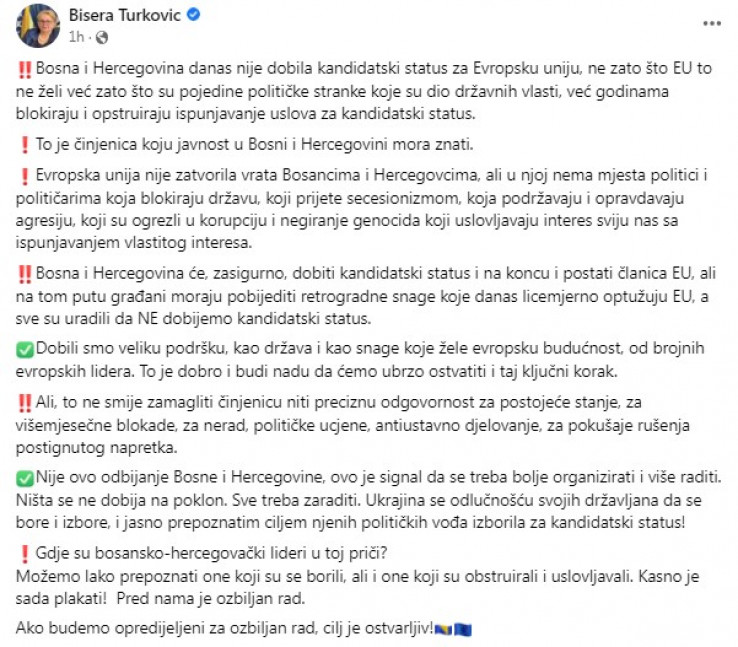Objava Turković na Facebooku