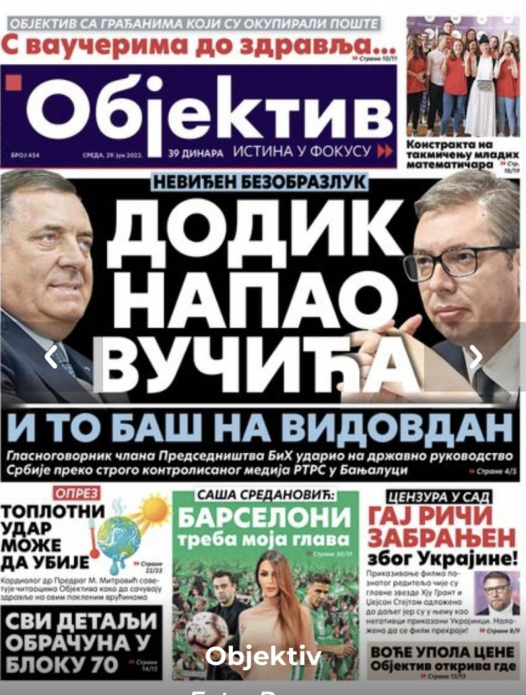 Naslovnica beogradskog lista Objetkiv: Dodik napao Vučića