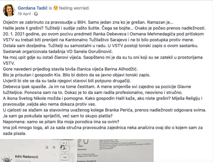 Objava Gordane Tadić na Facebooku