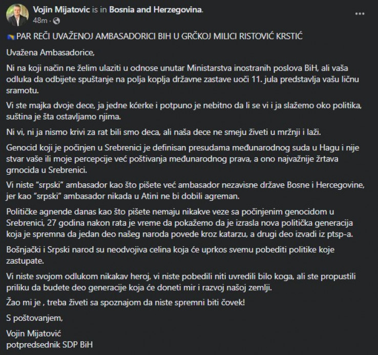 Objava Vojina Mijatovića