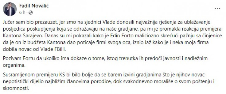 Objava Novalića na Facebooku