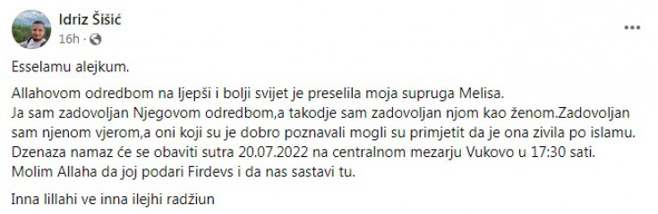 Objava Idriza Šišića na Facebooku