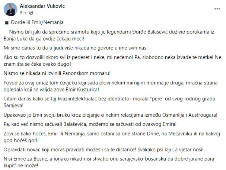 Objava Vukovića na Facebooku