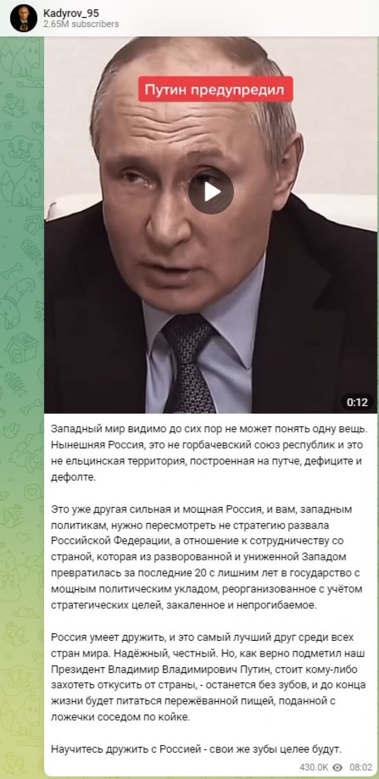 Objava Kadirova na Telegramu