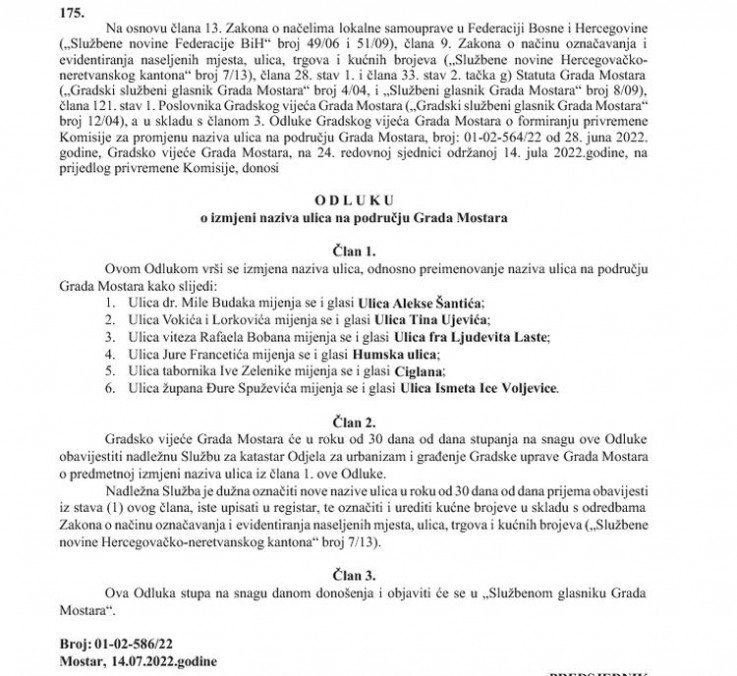 Faksimil odluke Gradskog vijeća Mostara