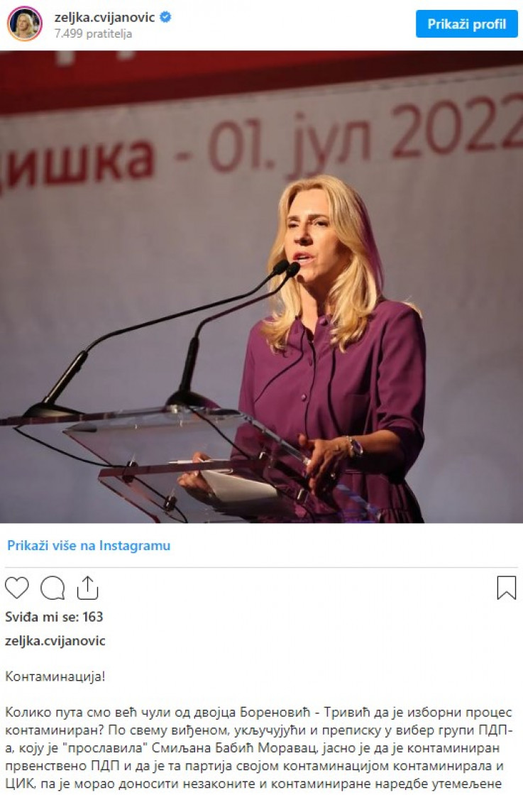 Objava Cvijanović na Instagramu 