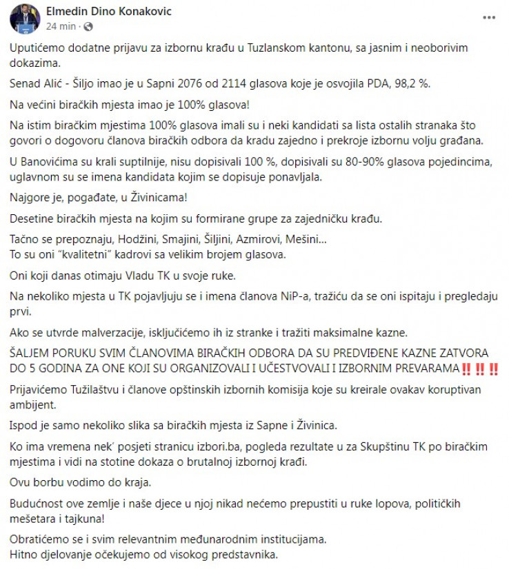 Status Elmedina Konakovića na Facebooku