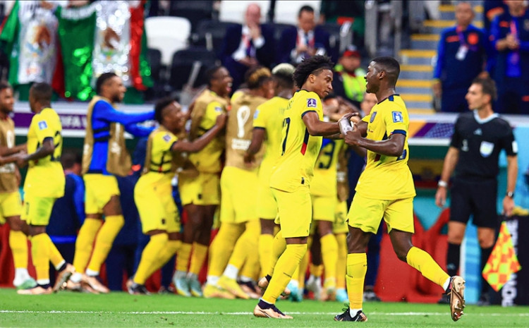Players of Ecuador celebrate after a goal during FIFA World Cup Qatar 2022 Group A match between Qatar and Ecuador at Al Bayt Stadium in Al Khor City, Qatar on November 20, 2022. 