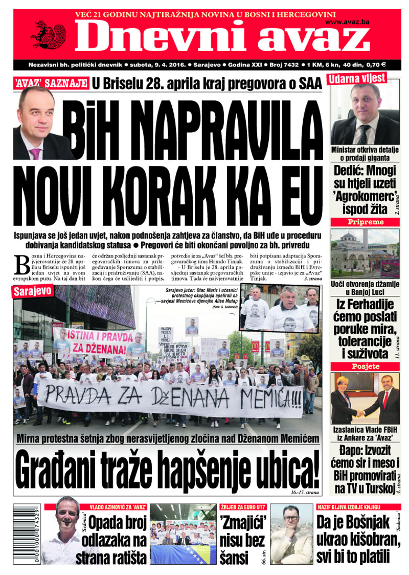 Naslovna strana "Dnevnog avaza" 2016-04-0901